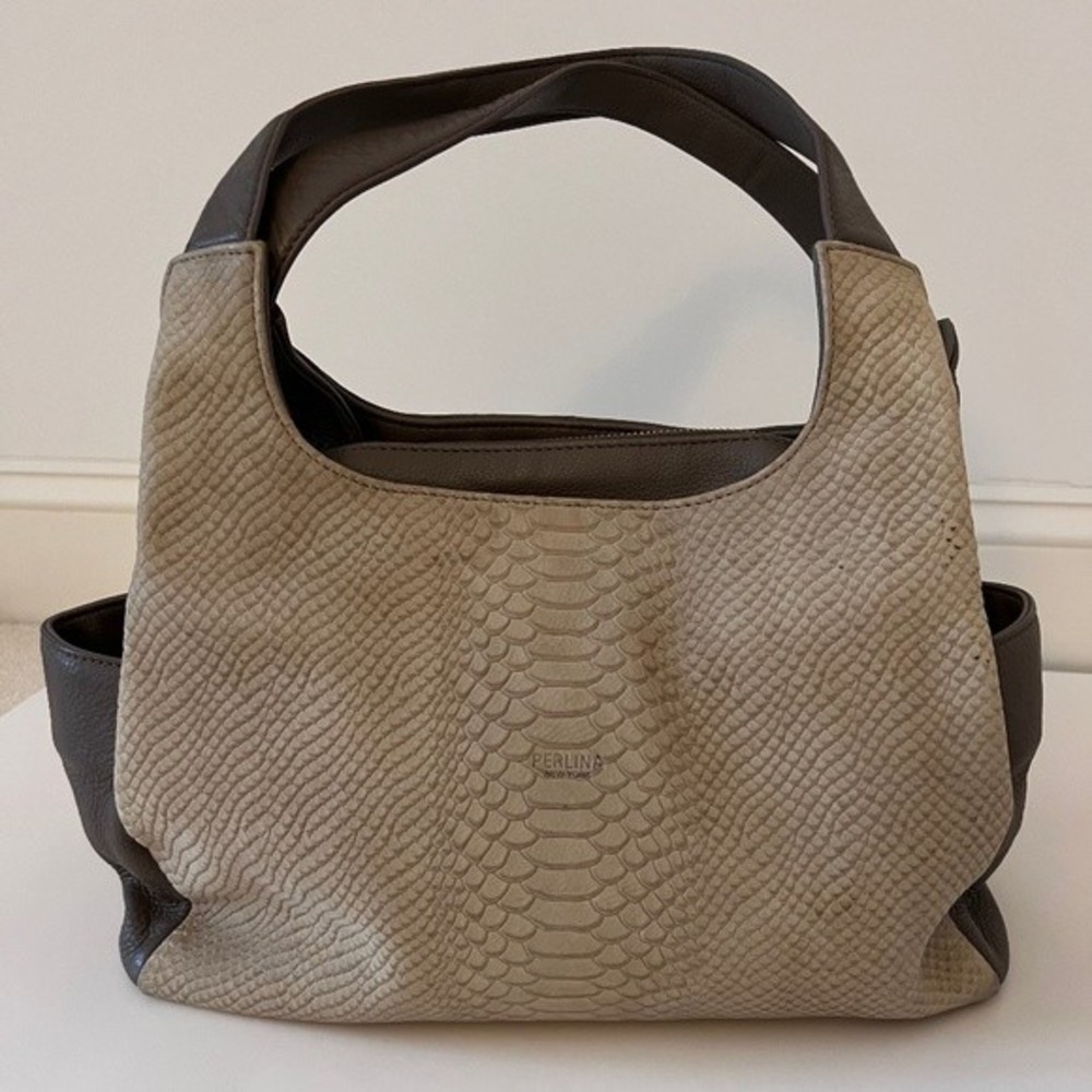 Perlina New York Snake Print Leather Shoulder Bag